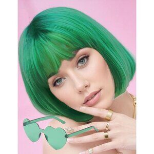 Women's Dark Green 12 Inch Costume Cosplay Party Short Bob Wigs And Sunglass
